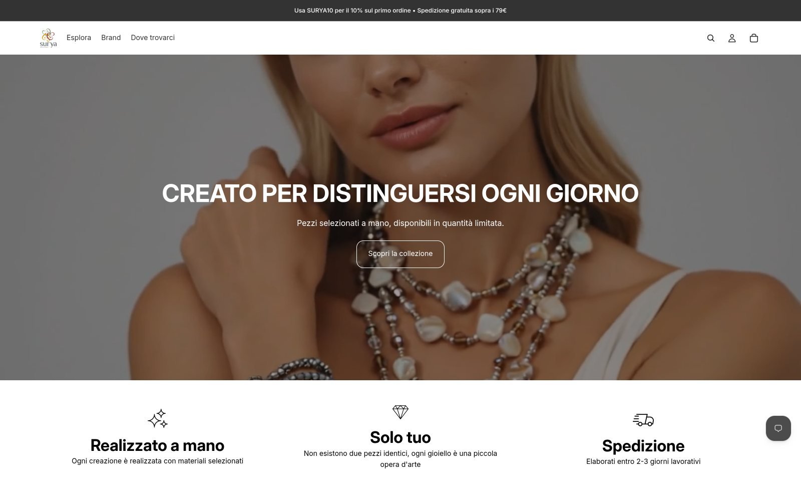 Home page del sito Surya Tesori & Accessori